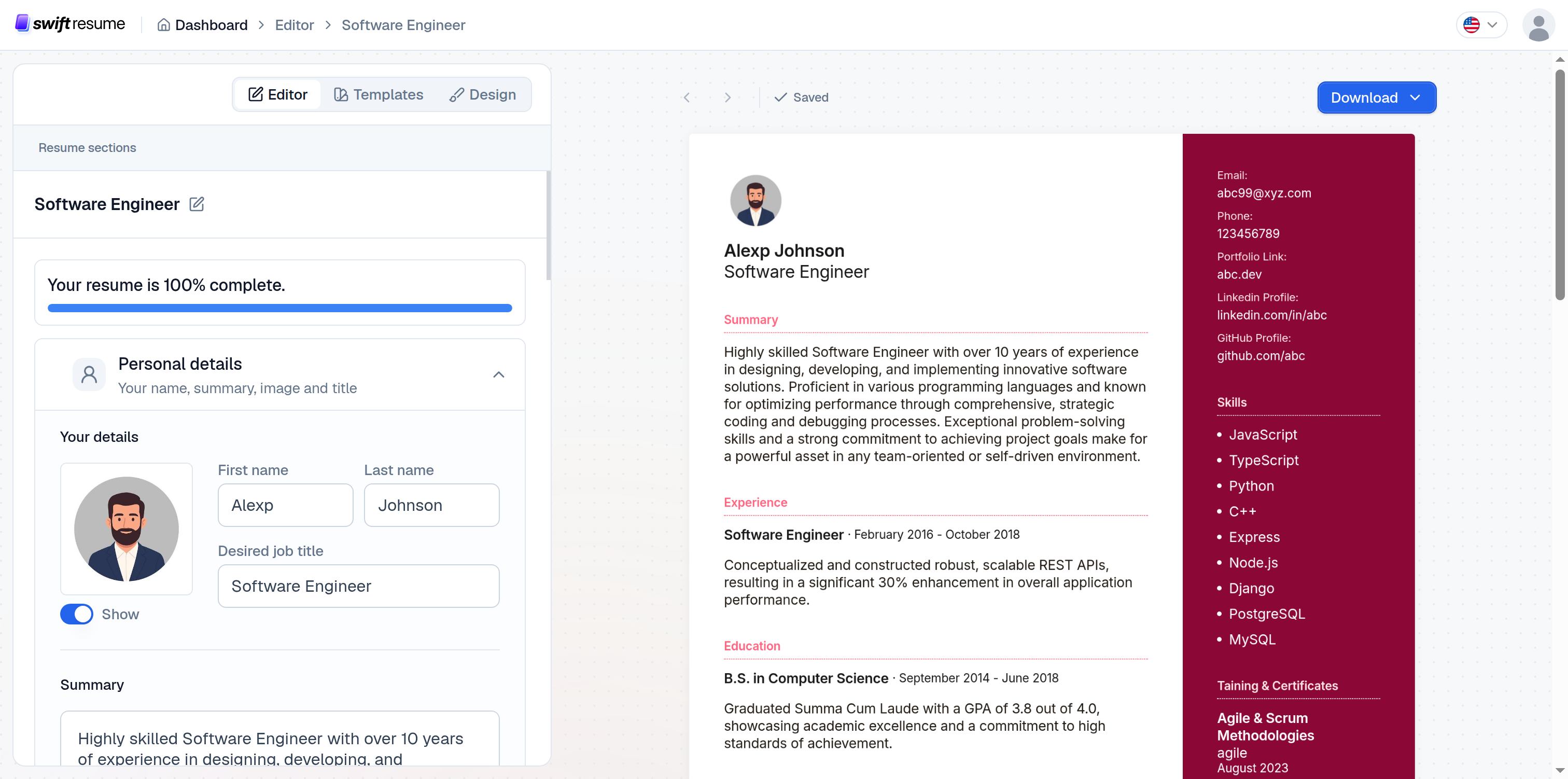 Swift Resume editor with a live A4 resume preview